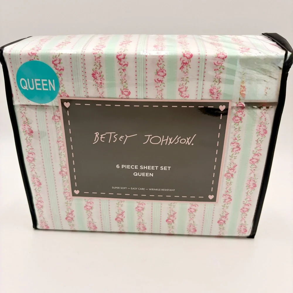 Betsey Johnson Queen Sheet Set 6 Piece Romance Stripe Pink Floral Mint Green NEW
